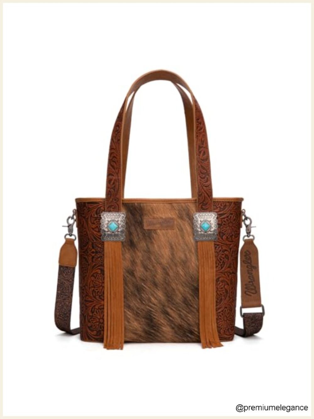 Genuine Hair-On Cowhide Tote Bag with Turquoise Stone Concho and Leather